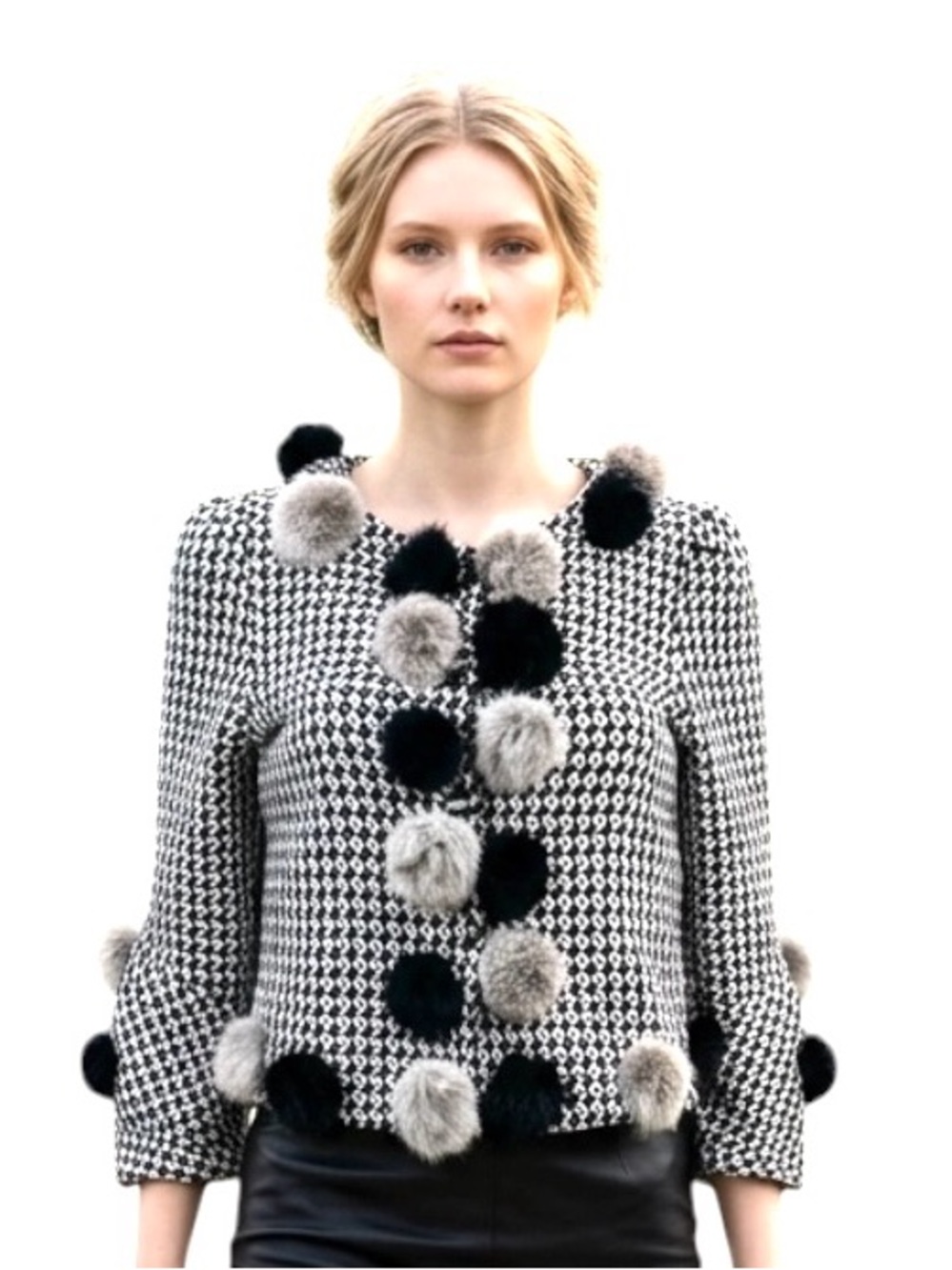 Houndstooth cropped jacket faux fur pom Pom accents black white XS-S Whimsical